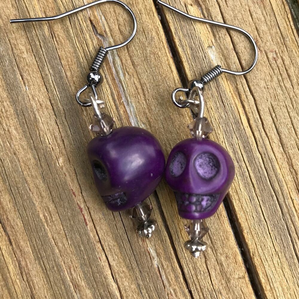 Purple Howlite carved skull dangle earrings halloween biker goth